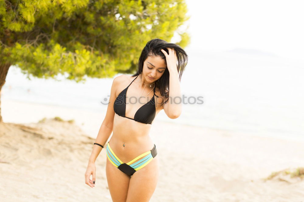 Similar – Image, Stock Photo Beautiful young woman wearing a bikini in a wooden foot bridge at the beach