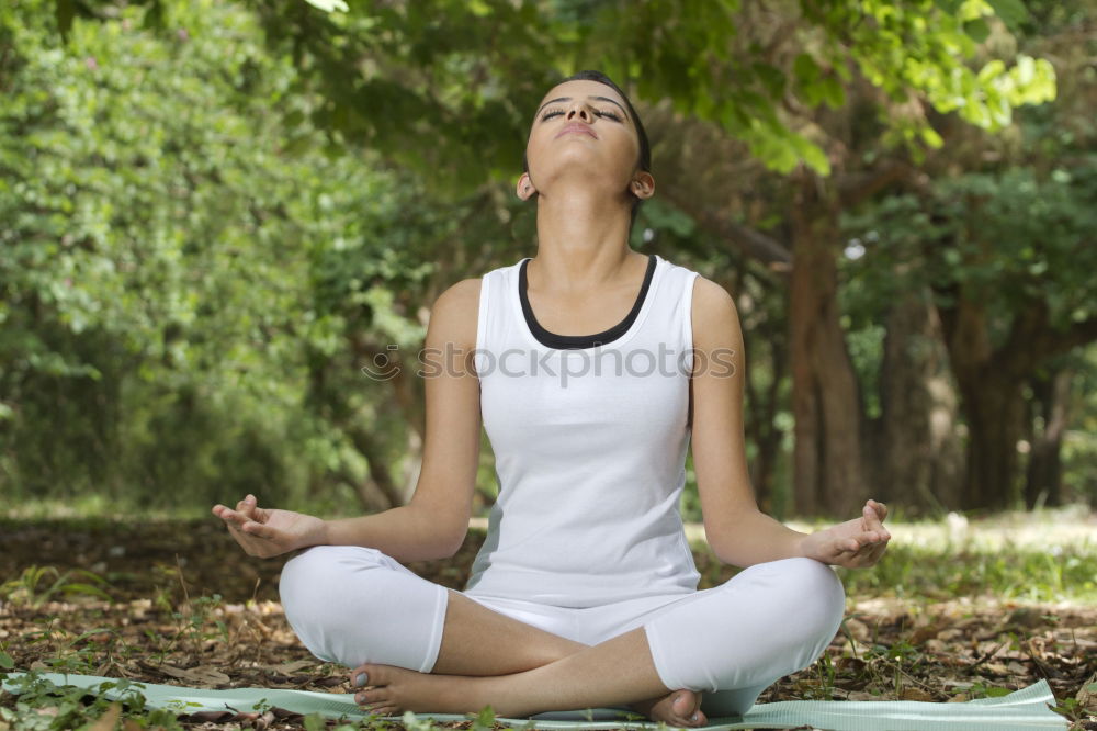 Similar – Image, Stock Photo Young woman doing yoga on wooden road in nature