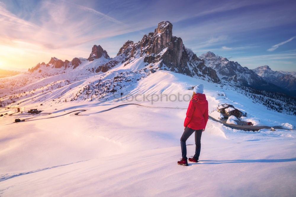 Similar – Foto Bild Frau im Schnee vor Bergpanorama