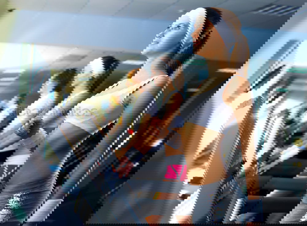 Similar – Image, Stock Photo Friends talking on fitness center after training day