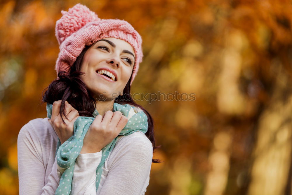 Similar – Matured woman with pink wool hat in the forest