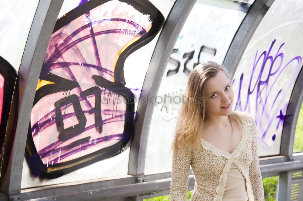 Similar – Young woman stands in front of a bus