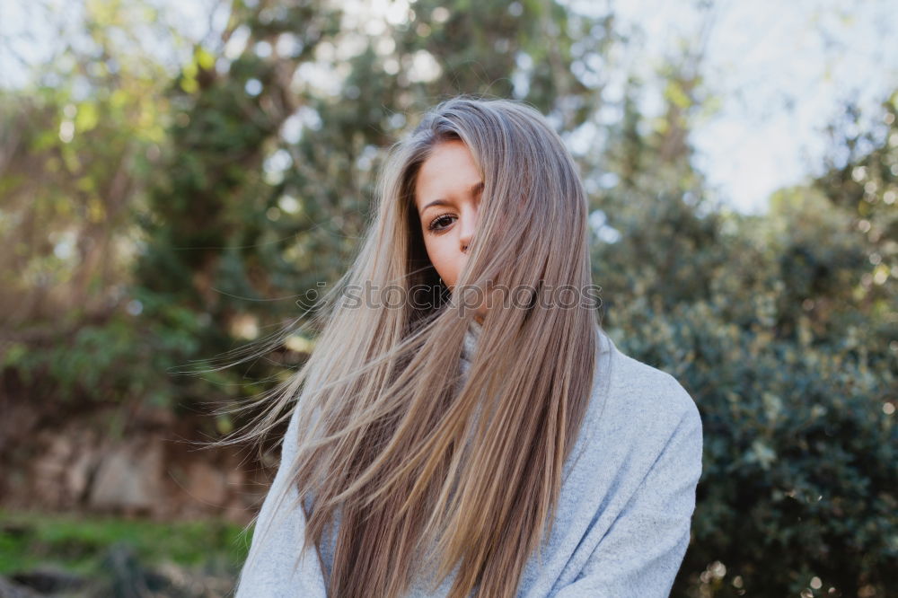 Similar – Foto Bild Frau mit Rock und Bluse greift sich in Haare