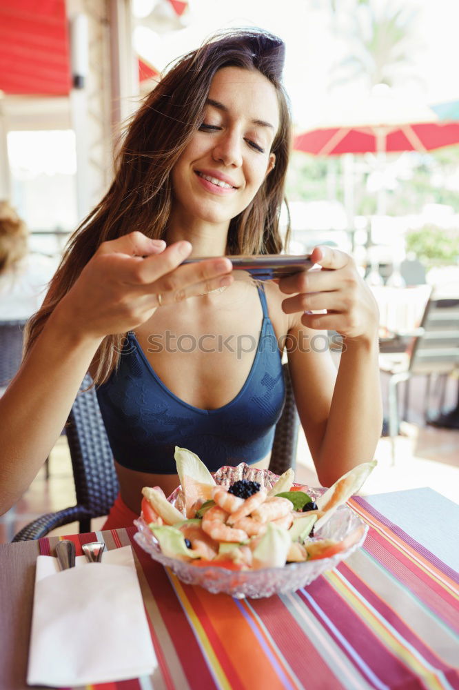 Similar – Image, Stock Photo girl in vegetarian cafe with wrap and smoothie