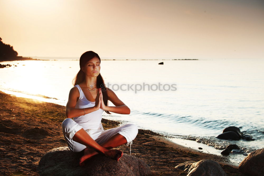 Image, Stock Photo Dreamy woman on rock at seaside