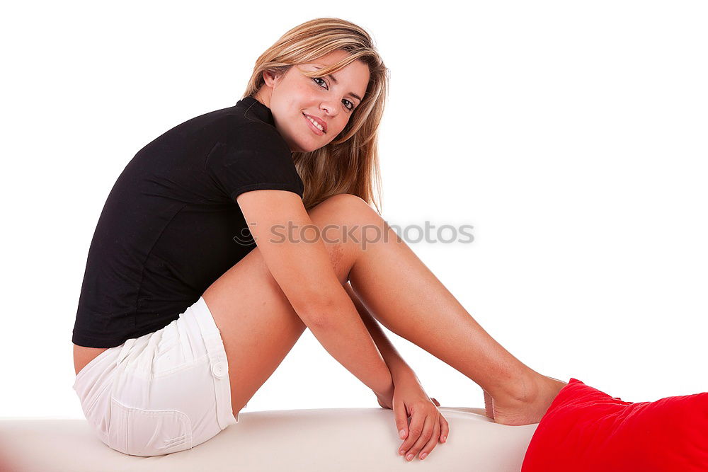 Image, Stock Photo Full body portrait of a young woman in sneakers sitting on a plank floor