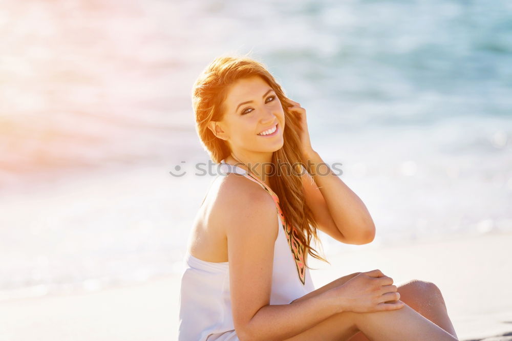 Similar – Image, Stock Photo Beautiful woman with sports clothes, sitting on a concrete wall outdoors at sunset.