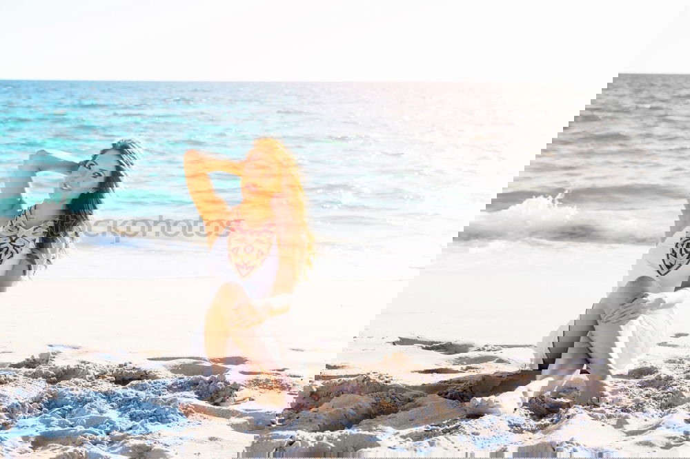 Similar – Image, Stock Photo Happy beautiful young woman with a swimming suit running in a wooden foot bridge at the beach