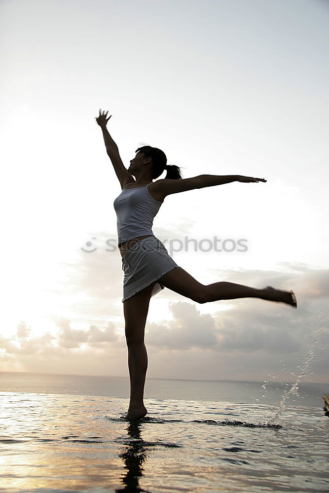 Similar – Smiling woman with sunglasses and hat raising arms happy with the sea in the background.