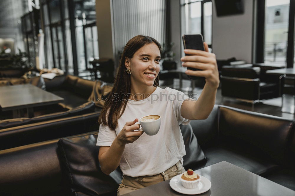 Similar – Image, Stock Photo Young brunette woman leaving a coffee bar