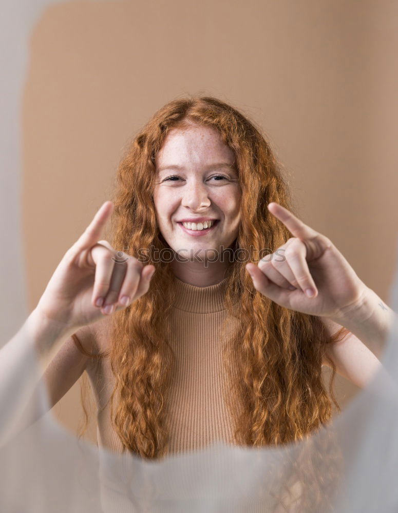 Image, Stock Photo Redhead young woman holding an empty blackboard