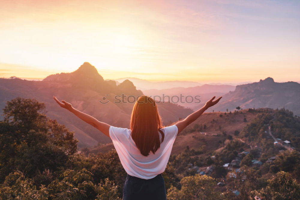 Similar – Image, Stock Photo Woman with camera on cliff