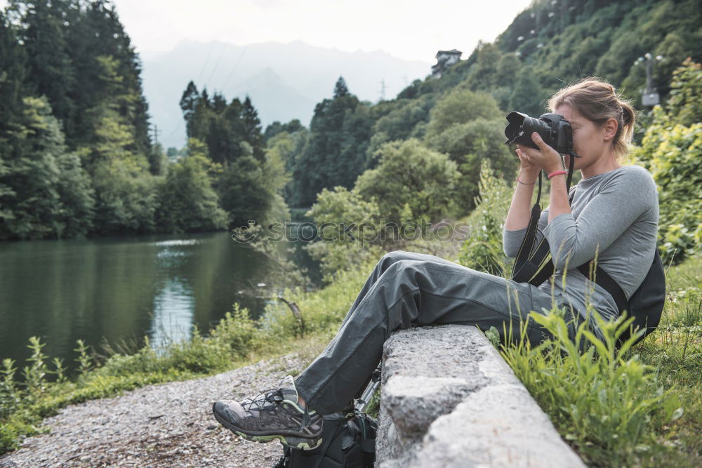 Similar – Image, Stock Photo Handsome tourist at mountain lake