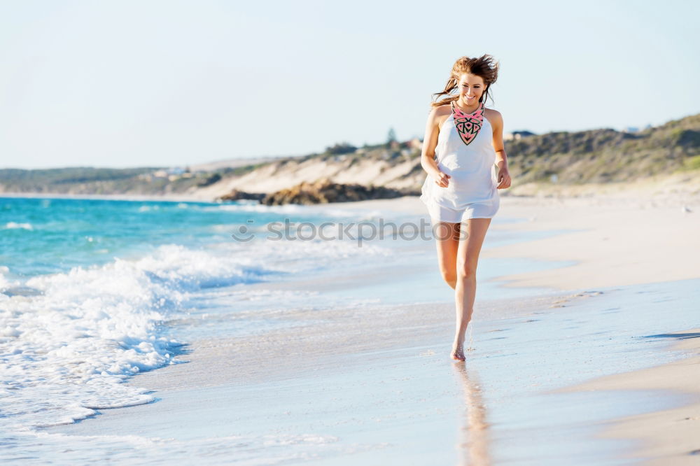 Similar – Image, Stock Photo caucasian mother and sun are walking into the water at the beach