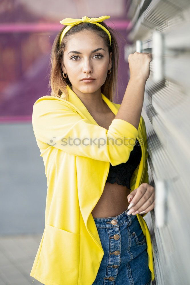 Similar – Image, Stock Photo Girl with wearing black jacket and trousers outdoors.