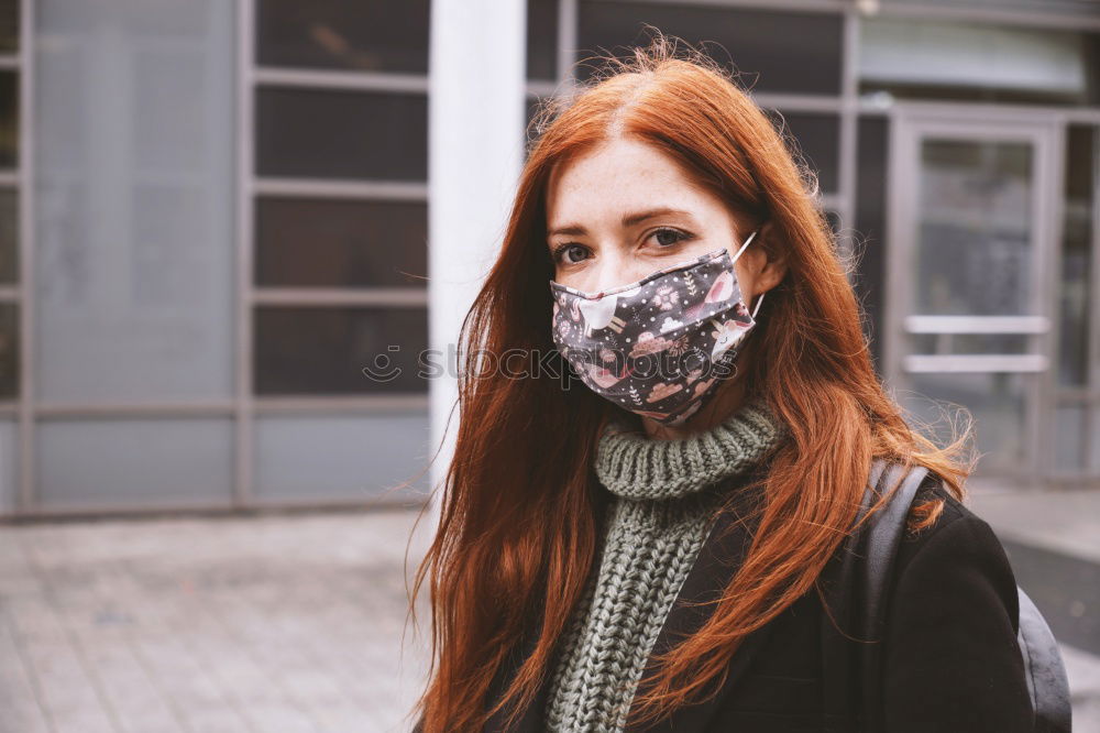 Image, Stock Photo young woman wearing homemade everyday cloth face mask outdoors in city
