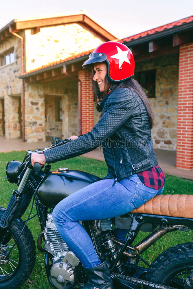 Similar – Woman with helmet riding custom motorbike