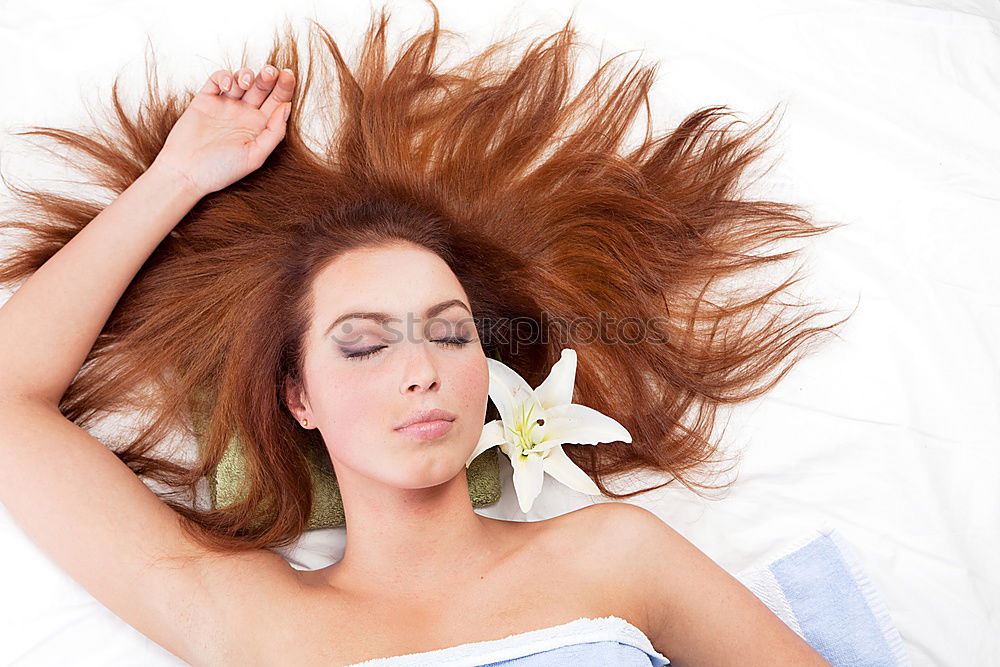 Similar – Image, Stock Photo Attractive, young, sexy, red-haired woman, Redhead, hair wild on the sheets, mouth open, lying in fresh white sheets in bedroom, Hotel bed, copy space.