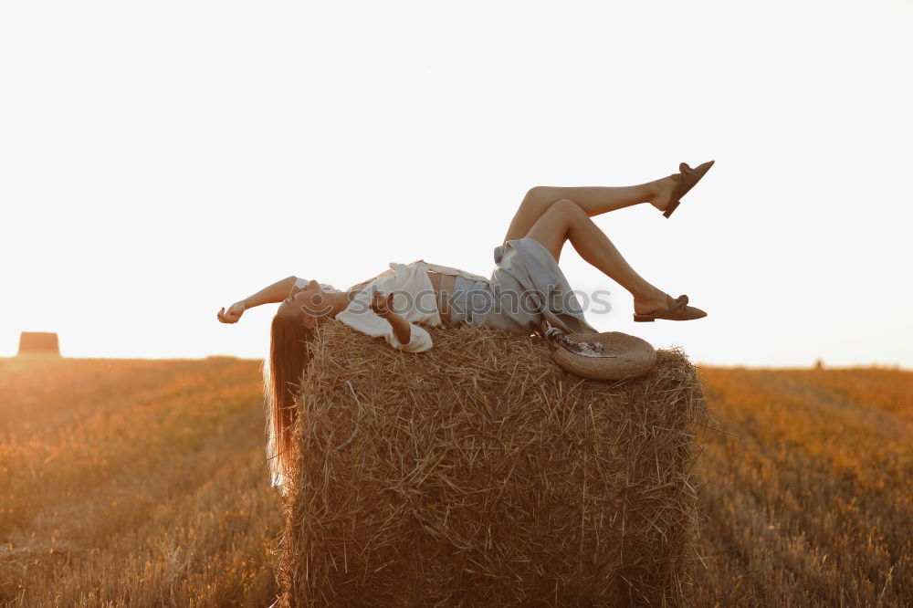 Similar – Woman in big round hat in middle of wheat field