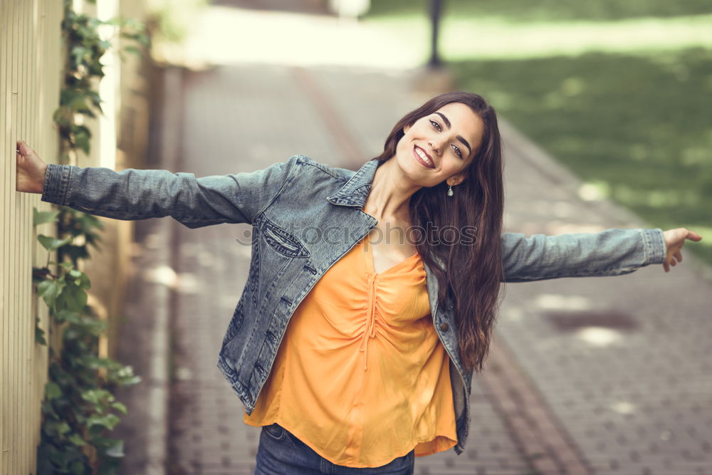 Image, Stock Photo Happy girl dancing in the street