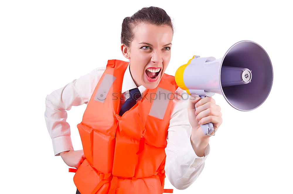 Similar – Image, Stock Photo Woman in warning vest making announcement with megaphone