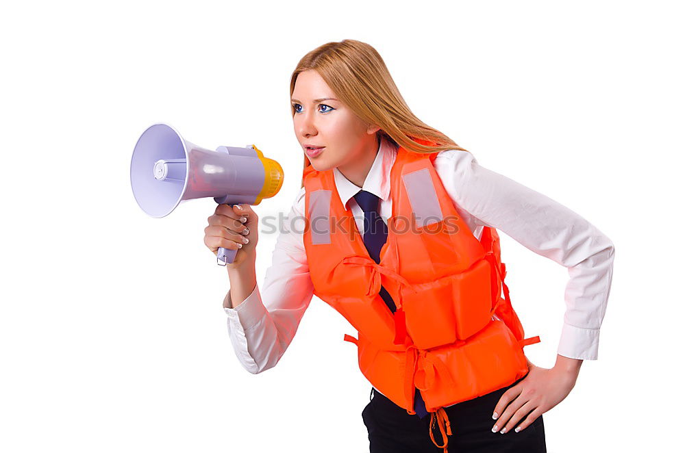 Similar – Image, Stock Photo Woman in warning vest making announcement with megaphone