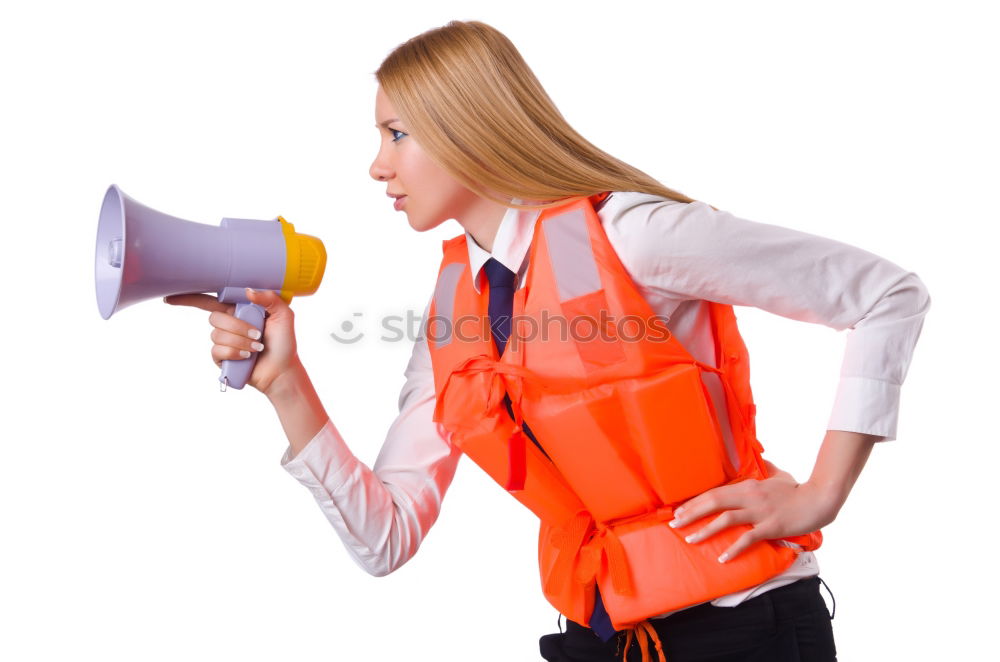 Image, Stock Photo Woman in warning vest making announcement with megaphone