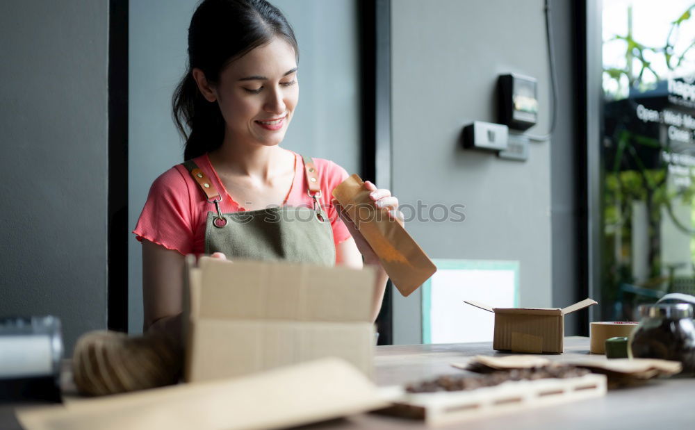 Image, Stock Photo Young woman with very short haircut with smart phone