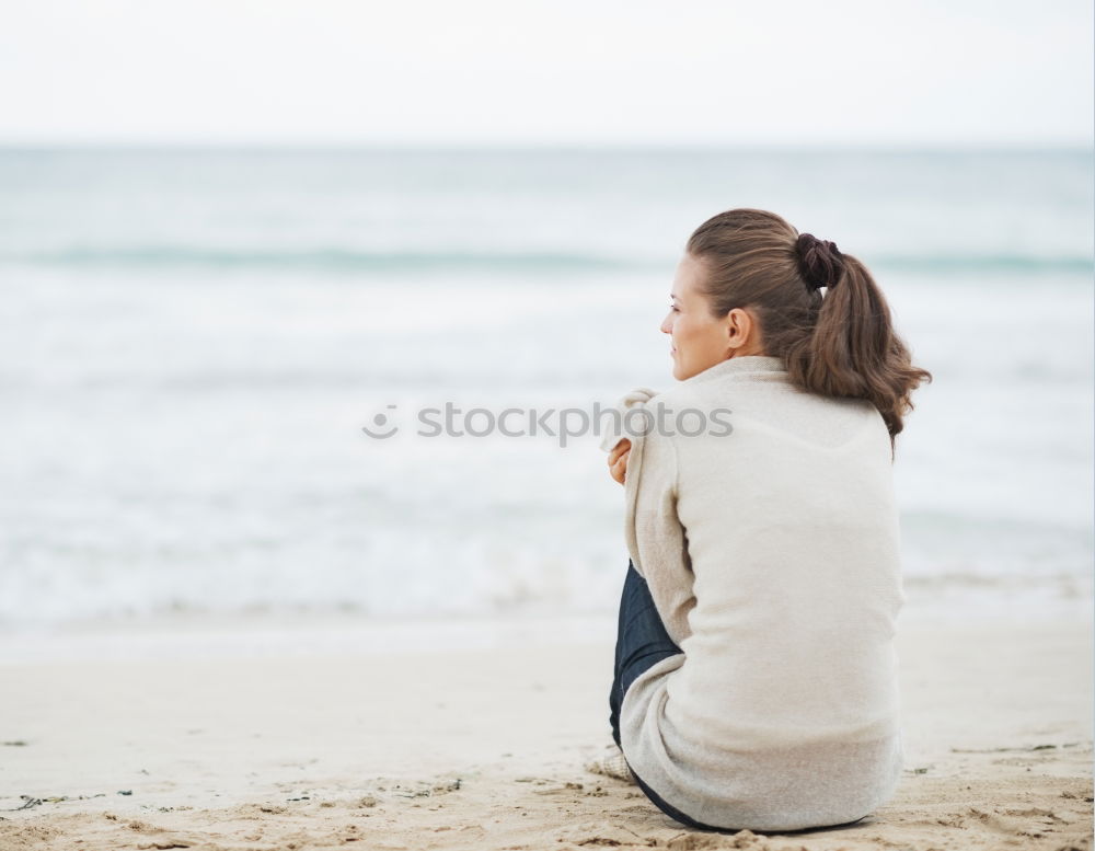 Similar – Image, Stock Photo Thoughtful child sit at waterfront. Back view