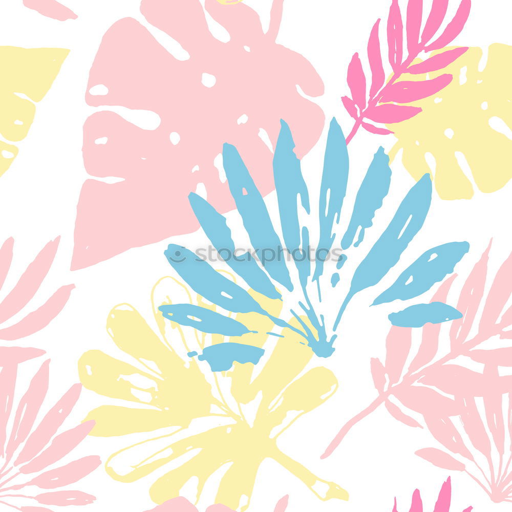 Similar – Turquoise tropical leaves and flowers background. Paper tropical leaves on pink background. Creative composing in pastel color with copy space for your design. Banner or template