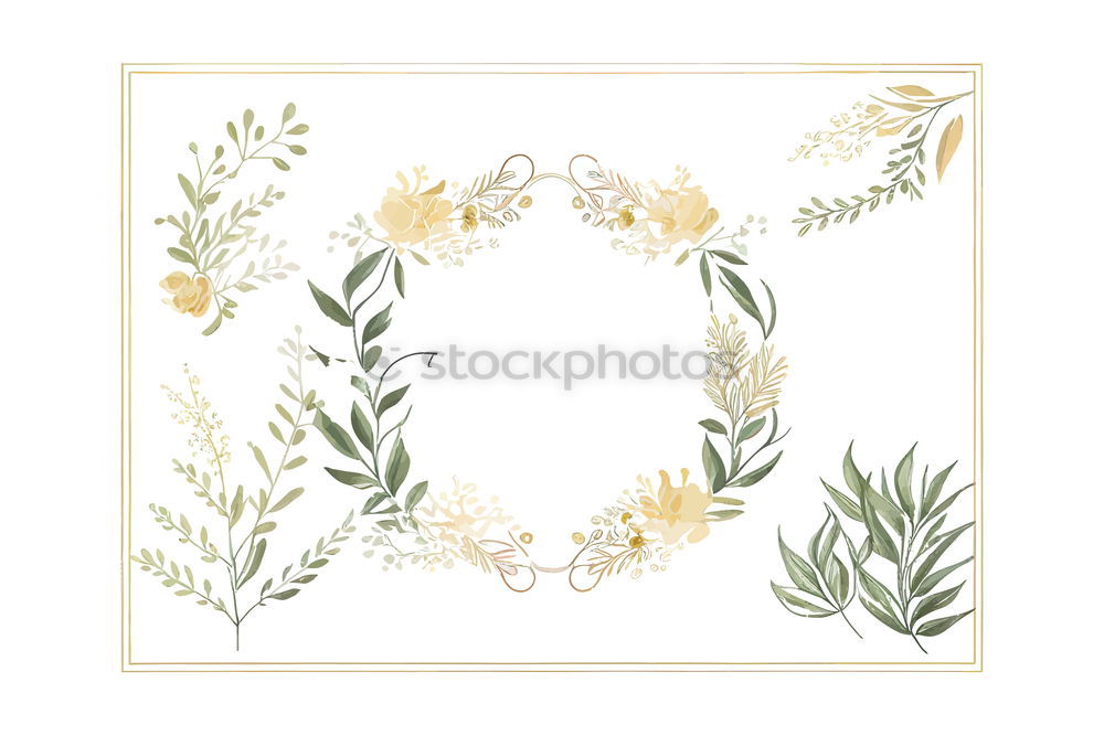 Square golden frame made of green watercolor leaves, wedding illustration