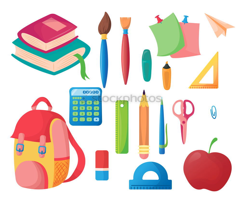 Similar – Image, Stock Photo Backpack, notepad, scissors, calculator, book, watch