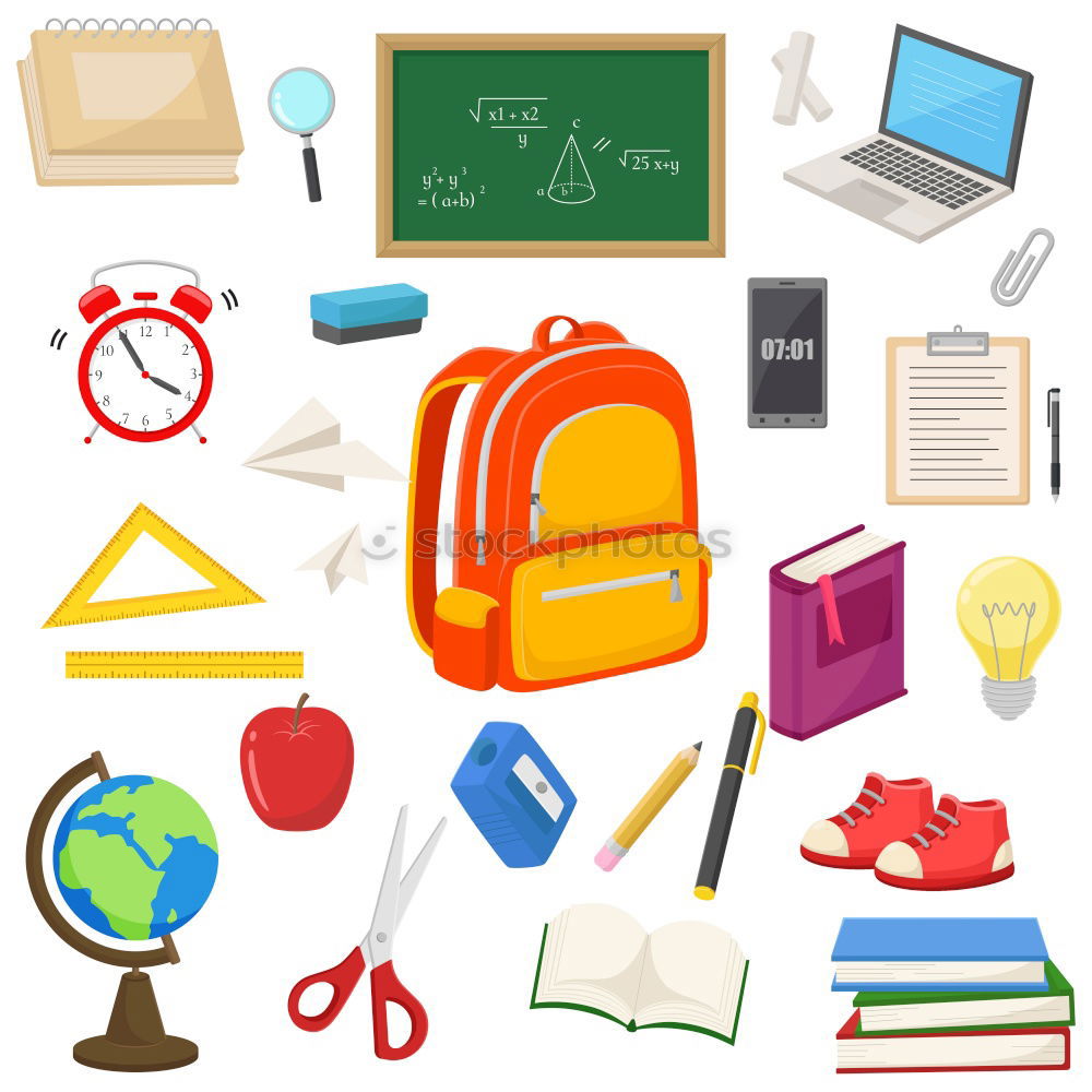 Similar – Image, Stock Photo Backpack, notepad, scissors, calculator, book, watch